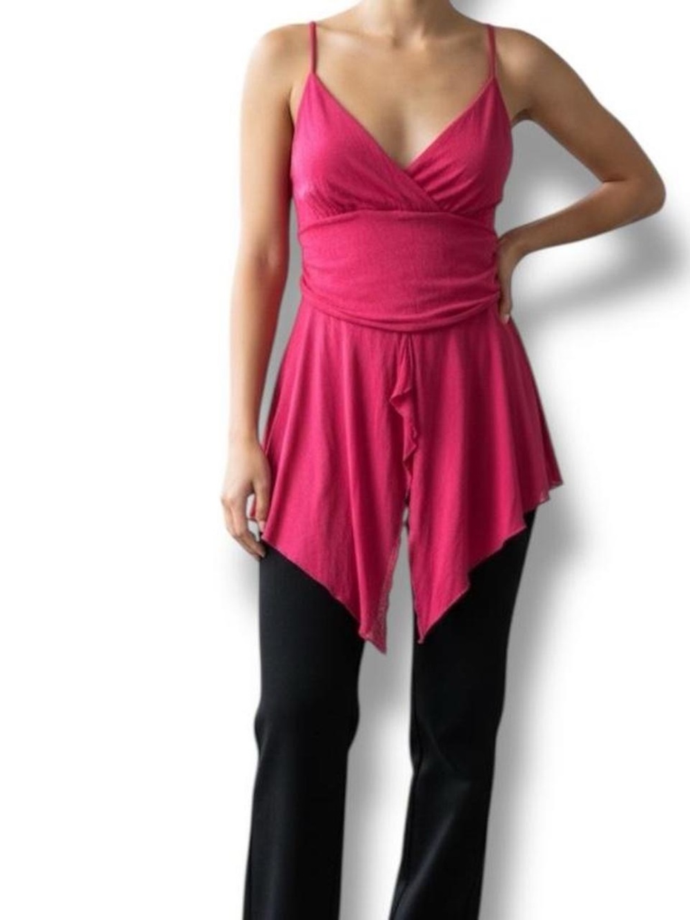 Y2K H&M Hot Pink Fuchsia Asymmetrical Shirred Flowy Going Out Fairy Cami Top L